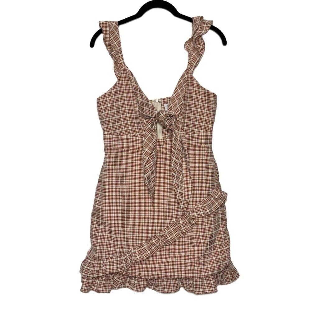 Storia Brown Plaid Ruffle Mini Dress